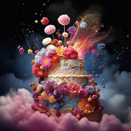 Prepare to be mesmerized by this surreal cake floating among the clouds, adorned with vibrant flowers, shimmering stars, and whimsical creatures. The cake, colossal in size, embodies the essence of celebration and joy. The scene evokes a sense of wonder and awe, with colors bursting with life and intricate details that captivate the viewer's imagination. The art style is a fusion of fantasy and realism, showcasing impeccable craftsmanship and intricate details, making it a truly unforgettable moment.の素材