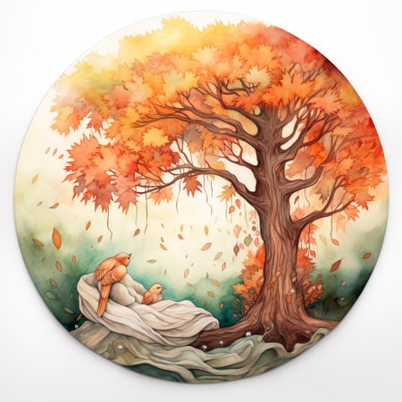 Immerse yourself in tranquility and nostalgia with this watercolor illustration that captures the essence of a peaceful scene. In this artwork, a majestic mother tree gracefully cradles her vibrant autumn leaves, lovingly tucking them into a cozy bed made of soft twigs and moss. Surrounding the scene is a soothing atmosphere of lullabies, where colorful birds perched on branches join the chorus, serenading the leaves into a peaceful slumber. This heartfelt artwork evokes a sense of calmness and tenderness, inviting viewers into a world of autumnal dreams.の素材