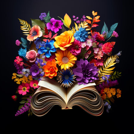 Discover the transformative power of literature with this vibrant and eye-catching book cover that gradually transforms into a stunning arrangement of blooming flowers. Symbolizing growth, inspiration, and new perspectives, this design starts with its original form and reveals intricate floral patterns and blossoming petals, capturing the beauty and harmony of literature and nature.の素材