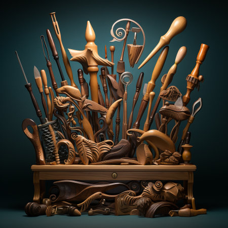 Experience the enchanting world of artistry as traditional tools come to life in this captivating image. Witness the graceful movements of intricately crafted artisan tools, such as chisels, brushes, and carving knives, as they dance through the air. Watch as they paint vibrant strokes and shape beautiful sculptures, bringing the magic of creation to life. This image embodies the elegance of these tools and the magical essence of their movements, making it a visually stunning representation that would excel on microstock sites.の素材
