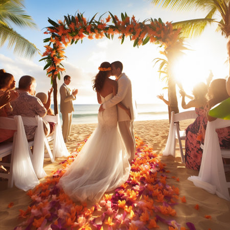 Capture the vibrancy and joy of a Sandy Soiree with this image of a bustling beach wedding scene. The bride and groom exchange vows under an elegantly decorated bamboo archway adorned with tropical flowers, as the waves gently crash in the background. The wedding guests mingle on the sun-soaked shore, dressed in colorful attire and sipping fruity cocktails. The art style highlights the vivid colors, celebratory atmosphere, and the picturesque beach setting, making it an ideal image for microstock sites.の素材
