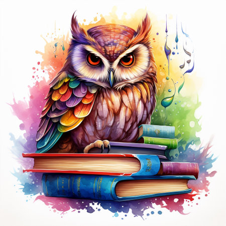 Immerse yourself in the vibrant watercolor style and allow your imagination to take flight with 'The Book Guardian'. This captivating artwork features a majestic owl perched on a stack of books, exuding a sense of wisdom and protection. The owl's large, captivating eyes and majestic feathers blend harmoniously with the vibrant colors of the surrounding books. Its slightly open wings create a sense of anticipation, as if ready to soar into the enchanting realm of literature. Let the magical aura of this scene draw you in, inviting you to explore the captivating world of books and literature.の素材