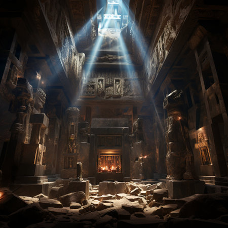 Prepare to be transported to a world of wonder with this surreal image titled 'Sacred Treasures: Guardian Artifacts of the Ages.' In this captivating scene, a hidden chamber is brought to light by a singular ethereal beam piercing through a crack in the ceiling. At the heart of the chamber stands a mesmerizing collection of ancient guardian artifacts, each representing a different culture from across the ages. These artifacts possess otherworldly powers and emit a soft, mystical glow. Each artifact is exquisitely designed, showcasing the rich heritage, sacred symbolism, and cultural significance behind it. The presence of these treasures evokes a profound sense of reverence, mystery, and a deep connection to the spiritual and mythical realms. The art style of this image is vibrant and detailed, blending elements of realism and fantasy. Intricate patterns and textures bring the artifacts to life, making them appear truly enchanting and full of power.の素材