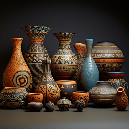 Experience the fusion of past and present with this image showcasing a modern twist on ancient pottery techniques. Each pottery piece in this collection represents different civilizations and eras, featuring exquisite details and vibrant colors. Adorned with unique patterns and innovative designs, these artworks capture the beauty and intricacy of ancient pottery innovations. Let yourself be amazed by the skill and creativity of our ancestors, as this image conveys a distinct appreciation for their legacy and cultural significance. At the same time, it celebrates the ongoing inspiration ancient pottery provides for contemporary art and design.の素材