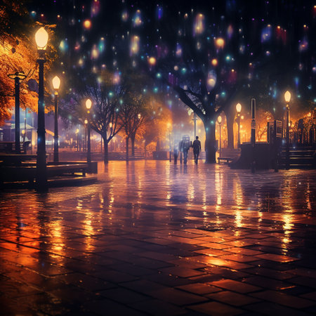 Indulge in your lustrous dreams with this mesmerizing night scene featuring vibrant bokeh and intricate light patterns. The image captures a dreamlike atmosphere, showcasing the interplay between soft, blurred lights and dark silhouettes. The art style emphasizes the ethereal nature of the scene, utilizing rich colors, delicate gradients, and subtle textures to create a captivating composition that invites viewers to get lost in their own lustrous dreams.の素材