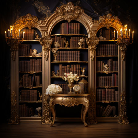 Step into a world of grandeur and opulence with this enchanting image of an ornate, gilded bookshelf. Towering with a collection of antique books, each showcasing unique, intricate details on their covers. Inspired by different historical eras such as Baroque, Renaissance, and Art Nouveau, the elegant designs transport you to a bygone era of artistic mastery. Soft lighting plays with the golden accents, lending a warm and nostalgic atmosphere to the scene. Immerse yourself in the beauty of these antique volumes and let your imagination run wild with the stories they hold.の素材