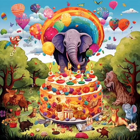 Capture the essence of "Milestone Memories" with this colorful and vibrant artwork, perfect for attracting attention on microstock sites. This image depicts a joyful celebration of birthdays and anniversaries with a playful twist. Imagine a whimsical scene where a group of animals, each representing a different milestone, gather together to celebrate. A wise old elephant wearing a birthday hat takes center stage, surrounded by energetic monkeys swinging from the branches. A jubilant turtle blows a party horn, while a mischievous rabbit holds a cake with candles. Let your imagination run wild and create a captivating visual representation that evokes excitement and nostalgia. This illustration will appeal to a wide range of customers searching for artwork related to birthdays and anniversaries.の素材