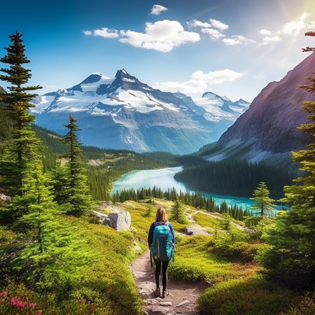 Embark on a visual adventure with 'Wild Wanderlust', a breathtaking landscape that captures the spirit of adventure and the thrill of the great outdoors. This epic vista transports you to a place where majestic mountains reach towards the endless sky, while winding rivers carve their way through lush valleys. Untamed wildlife roams freely, adding to the allure of this untamed wilderness. The vivid colors, dynamic composition, and dreamlike surrealism of this artwork ignite a sense of wanderlust, inspiring hikers and explorers to embark on thrilling journeys in search of the unknown. Embrace the raw beauty of nature through this captivating image, which is sure to magnetize outdoor enthusiasts on microstock sites.の素材