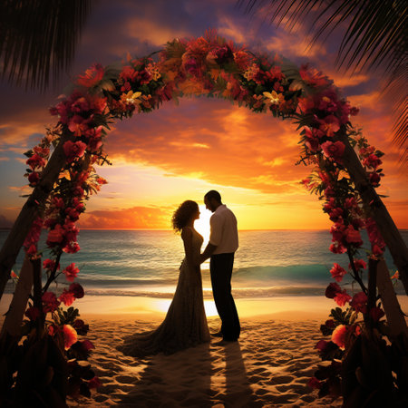 Experience the beauty of an elegant beach wedding ceremony at sunset, where the gentle ocean waves caress the sandy shoreline. The bride and groom stand beneath a stunning bamboo arch adorned with delicate seashells and vibrant tropical flowers. The bride is wearing a flowy lace gown, while the groom looks dapper in a crisp white linen suit. Surrounded by loved ones, they exchange vows against a breathtaking backdrop of colorful sunset hues blending with the sparkling ocean. This image captures the promise of forever, filled with love, joy, and the enchantment of a vibrant beach wedding.の素材