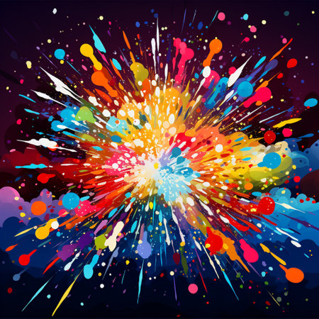 Experience the vibrant burst of colors in this energetic image that captures the essence of joy and celebration. The scene depicts a pulsating and dynamic atmosphere filled with diverse elements like confetti, fireworks, balloons, and streamers, all emanating an infectious sense of happiness. With its lively and expressive art style, this image will surely resonate with viewers on microstock sites, ensuring maximum engagement and potential for commercial use.の素材