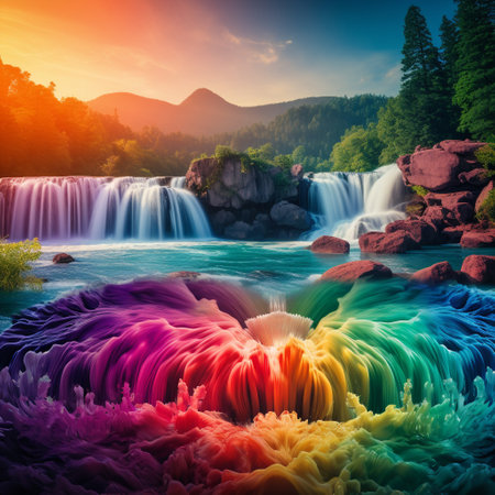 Immerse yourself in the mesmerizing beauty of Vibrant Cascade. This surreal landscape composition features a cascading waterfall surrounded by lush greenery, creating a sense of wonder and awe. The vibrant color gradients seamlessly transition from warm hues in the foreground to cool tones in the background, evoking a stunning visual effect. Unique elements like floating bubbles and ethereal rays of light enhance the magical atmosphere of this abstract impressionism artwork. Perfect for microstock sites seeking eye-catching and vibrant imagery.の素材