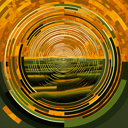 Experience the captivating beauty of this abstract art image titled 'Agrarian Enigma: Crop Circles Unearthed'. This vibrant and eye-catching composition showcases an intricately designed crop circle located in a rural farmland setting. Surrounding the crop circle are mystic elements such as glowing orbs, swirling energy, and mysterious symbols. This thought-provoking image aims to evoke a sense of wonder, intrigue, and curiosity, leaving viewers captivated and eager to unravel the secret behind these enigmatic formations in the field.の素材