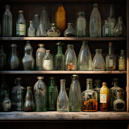 Immerse yourself in the artistry of hyperrealism with this captivating prompt: Vintage Vessels. Experience the rustic beauty of glass bottles brought to life in astonishing detail. Hyperrealism is an art style that aims to blur the line between reality and art. Each brushstroke and reflection is meticulously crafted to replicate the textures and colors of these vintage vessels, preserving their timeless charm and character.の素材