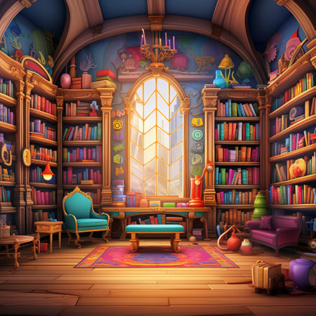 Step into a world of enchantment and wonder with this whimsical library where antique books come to life! Each book is depicted as a unique character with its own personality and quirks. In a vibrant and colorful art style reminiscent of classic children's illustrations, this scene is filled with enchanting details. Explore the magical conversations between books, witness them exploring the world outside their shelves, and perhaps even join in on their epic adventures within the library. This imaginative portrayal of 'Antiquarian Antiquities: Embracing the Rarity of Vintage Books' is sure to captivate viewers and inspire a sense of wonder and nostalgia.の素材