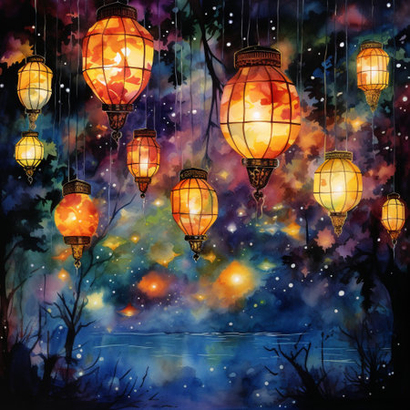Step into a surreal world of ancient wisdom and mystical secrets with this captivating watercolor painting. Titled 'Whispering Flames,' this artwork showcases various decorative lanterns suspended in mid-air, radiating vibrant colors and patterns. The lanterns whisper softly, seemingly sharing the ancient wisdom they hold. Surrounding the lanterns is an ethereal glow, creating a magical atmosphere. The scene is enhanced with subtle elements of nature, such as flowing water and blooming flowers, adding to the enchantment of the image. Immerse yourself in this surrealistic portrayal that evokes curiosity and wonder.の素材