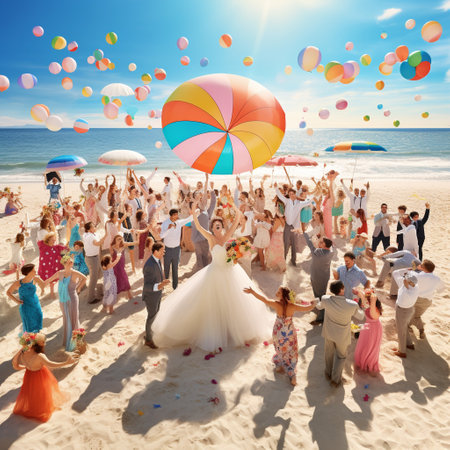 Get ready to immerse yourself in the playful and whimsical world of Seashore Serendipity! This vibrant beach wedding scene features a joyous couple, surrounded by their wedding party and guests, all dressed in vibrant and mismatched beach attire. Colorful umbrellas and beach balls scatter the sandy shores, adding a touch of whimsy to the scene. As the sun sets, casting a warm glow on the cheerful faces, the sparkling sea serves as a stunning backdrop, creating a truly magical atmosphere. The couple is exchanging heartfelt vows under a whimsical arch made of seashells and tropical flowers, while a gentle breeze rustles through the palm trees. This lively image beautifully captures the joyous spirit of a beach wedding, evoking a sense of wonder and bringing a smile to anyone who sees it.の素材