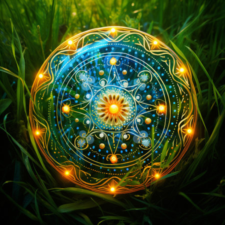 Step into a realm of enchantment with this mesmerizing image depicting a crop circle that has unleashed powerful and unexplainable magic within a sun-drenched field. The intricate pattern, softly glowing with ethereal light, captures the imagination and fuels a sense of awe and wonder. Amidst the magical crop circle, vibrant wildflowers bloom uncontrollably, creating a breathtaking kaleidoscope of colors. Swirling energy, celestial symbols, and levitating objects further enhance the otherworldly ambiance, evoking emotions of curiosity, wonder, and a touch of trepidation. The art style chosen for this image brings this mystic scene to life with its unique blend of realism and surrealism.の素材