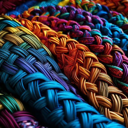 Prepare to be mesmerized by this close-up shot showcasing an incredible display of intricate textiles. The vibrant and realistic art style highlights the delicate nature and impressive craftsmanship of the weavings. The composition features an array of contrasting colors, diverse patterns, and exquisite textures, captivating the viewer's attention and inspiring an appreciation for the beauty found in everyday objects. This visually stunning image is destined to be a popular choice on microstock sites, attracting a wide range of users looking for eye-catching visuals to enhance their creative projects.の素材