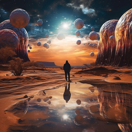 Step into the otherworldly desert landscape where reality and illusion merge in this awe-inspiring image of a shimmering mirage. As a lone explorer gazes upon this mysterious phenomena, the secrets it holds are contemplated. The art style chosen captures the captivating beauty of the desert while reflecting the enigmatic nature of the mirage. Surreal elements such as rippling heat waves, distorted reflections, and fantastical creatures emerging from the illusion enhance the sense of intrigue and curiosity. Get ready to embark on an adventure into the unknown!の素材