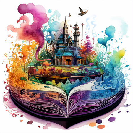 Let your imagination take flight with this vibrant and dynamic artwork titled 'Ink & Imagination: Painting Stories with Words'. In this whimsical scene, a magical fountain pen hovers mid-air, releasing an enchanting swirl of colorful ink from its tip. This fluid ink effortlessly transforms into various elements of classic literature, including flying books with open pages revealing captivating worlds, animated letters dancing in the air, and characters from famous novels coming to life. The vibrant and dynamic art style of this composition is perfect for microstock sites, showcasing the limitless possibilities of storytelling through the written word and the power of imagination.の素材