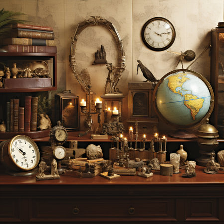 Step into a world of nostalgia and appreciation for history with this realistic image showcasing a beautifully arranged display of antique artifacts. The focal point of the image is a stunning antique collection, featuring a variety of items such as vintage pocket watches, ornate jewelry, delicate porcelain figurines, weathered books, and aged maps. The scene evokes a sense of nostalgia with subtle elements that highlight the antiquity, including aged furniture, dusty shelves, and warm lighting casting soft shadows. The composition is visually engaging, capturing the intricate details of each artifact and emphasizing the unique beauty of their aged splendor.の素材