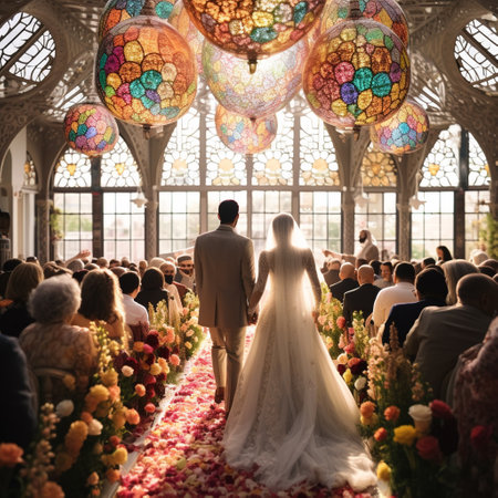 Immerse yourself in the beauty of a wedding ceremony that showcases a harmonious blending of different cultural and religious traditions. The image captures a couple, adorned in attire that represents their respective faiths, standing at the center surrounded by joyful guests from diverse backgrounds. The space is adorned with vibrant flowers and decorations that symbolize unity and inclusivity. In the background, a stained-glass window, ornate architectural details, or elegant calligraphy add an exquisite touch. The scene radiates a warm, celebratory atmosphere, capturing the essence of love, spirituality, and cultural harmony in a wedding ceremony that transcends boundaries.の素材