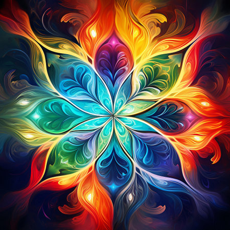Embark on an ethereal journey with this captivating image that showcases a mesmerizing cosmic dance. In this abstract art style, vibrant patterns come to life, creating a kaleidoscope of colors that evoke feelings of wonder and exploration. The bold and captivating colors are carefully balanced, allowing for a harmonious composition that draws the viewer into a cosmic realm of beauty and mystique.の素材