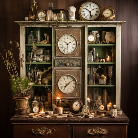 Immerse yourself in the enchantment of past eras with this beautifully adorned vintage cabinet filled with an exquisite collection of antique objects. The cabinet features an ornate pocket watch, a delicate porcelain doll, a dusty leather-bound book, a tarnished silver locket, and a weathered treasure map. The dreamy, nostalgic atmosphere is enhanced by warm, soft lighting and subtle vignetting. Let this image evoke feelings of fascination, curiosity, and a longing to revisit the enchantment of past eras.の素材