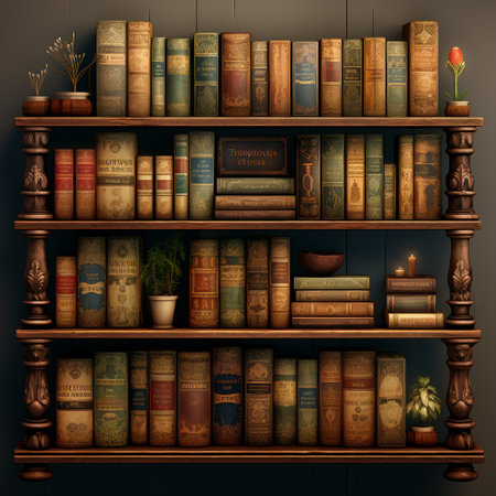 Immerse yourself in the nostalgia and charm of this idealized digital illustration in a modern art style. The artwork features an antique bookshelf filled with beautifully bound vintage books, each showcasing intricate details and elegant typography on their spines. The books present a variety of colors and patterns, adding visual interest and depth to the scene. The warm lighting further enhances the nostalgic ambiance, while gentle rays of sunlight streaming through a nearby window cast delicate shadows on the shelf, adding a touch of ethereal beauty.の素材