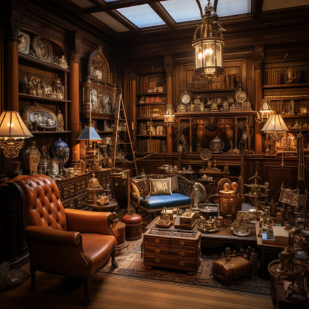Step into the world of vintage treasures with this exquisite image of an antique collector's room. Bathed in warm, soft lighting, the room showcases a variety of timeless pieces that are sure to captivate any viewer. From luxurious Victorian-era furniture to ornate chandeliers, delicate porcelain figurines to vintage pocket watches, and beautifully aged leather-bound books, every item has been carefully curated to evoke a sense of nostalgia and sophistication. The art style used in this image portrays the details and textures of the objects with meticulous precision, bringing them to life in a way that transports you to another time.の素材