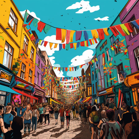 Immerse yourself in the vibrant atmosphere of a lively street festival with this captivating image featuring energetic street performers or buskers. The scene showcases a colorful amalgamation of festive decorations, bustling crowds, and eye-catching elements like intricate bunting flags and vibrant street art. The buskers, which may include fire breathers, acrobats, musicians, or jugglers, add their unique charm to the festive atmosphere, captivating the viewers' attention and bringing joy to the festival-goers. This image exudes energy, excitement, and celebration, making it a perfect representation of a lively street festival.の素材