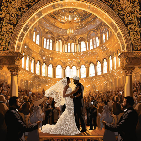 Step into the realm of sacred matrimony with this captivating image capturing the beauty and sanctity of a wedding ceremony. Titled 'Divine Matrimony: A Joyous Celebration at the Altar', this artwork showcases a diverse couple exchanging vows in the presence of their loved ones. The art style beautifully blends the elements of traditional and contemporary, highlighting intricate details such as the elegant architecture of the chosen venue, intricate floral arrangements, and ethereal lighting. Join in the celebration of love and unity!の素材