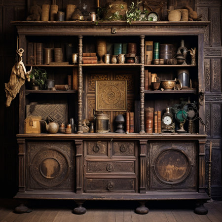Step into the enchanting world of a weathered, vintage wooden bookcase filled with a stunning array of antique artifacts. This captivating scene showcases a collection of tarnished silverware, ancient coins, and faded textiles, each telling their own unique story. The weathered wood and aged artifacts create an atmosphere of mysterious nostalgia, highlighting the timeless beauty and history of these treasured objects.の素材