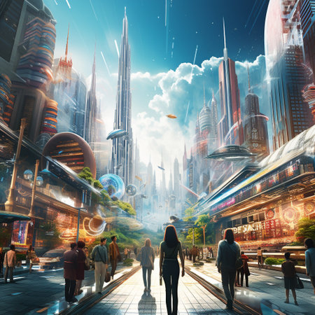 Immerse yourself in the awe-inspiring world of this futuristic cityscape, where towering skyscrapers seamlessly blend with ancient cultural relics and artifacts. This vibrant and eye-catching art style captures the essence of a digital collage, combining elements of photorealism and surrealism. Step into a bustling street scene, where people dressed in traditional attire and futuristic clothing create a harmonious blend of past and present. Admire the cultural heritage brought to life through ornate sculptures, colorful tapestries, intricately designed masks, ancient manuscripts, and other visually striking objects. Indulge in the rich tapestry of history and innovation that this image presents.の素材