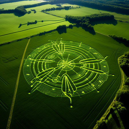 Step into the realm of extraterrestrial communication with this depiction of intricate crop circles as messages from intelligent alien beings. The lush green field provides the perfect canvas for these enigmatic designs, illuminated by the ethereal glow of moonlight. The swirling patterns intricately engraved within the crops symbolize a cryptic message or form of communication that mesmerizes and captivates humanity. Adding to the mystery, celestial objects like stars, planets, or galaxies subtly intertwine with the intricate patterns, hinting at the vastness of the cosmos. Vibrant and visually stunning, this artwork evokes both awe and curiosity, inviting viewers to contemplate the secrets hidden within these galactic glyphs.の素材