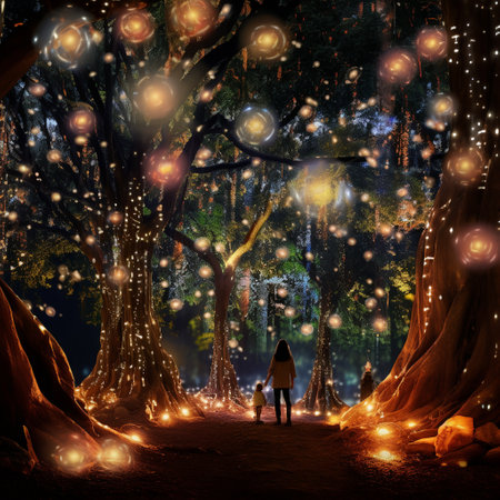 Immerse yourself in the mesmerizing spectacle of a vibrant festival illuminated by fireflies. Watch as these enchanting creatures transform into twinkling orbs, seamlessly merging with the lively decorations. Trees adorned with colorful ribbons and shimmering lights serve as the canvas for the fireflies' graceful dance. The atmosphere resonates with an ethereal ambiance, evoking wonder, enchantment, and jubilation. Let this captivating artwork transport you to a whimsical world where nature and human celebration harmoniously coexist.の素材