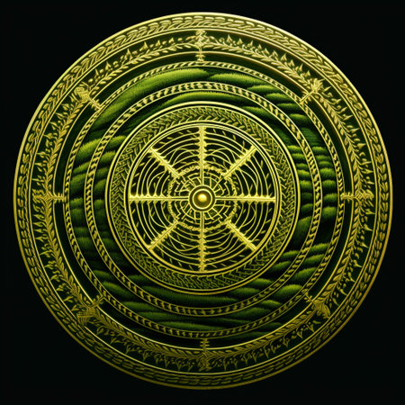 Step into the world of mystery and wonder with this vibrant and eye-catching crop circle image. Resembling a complex pattern, the crop circle features an intricate and mysterious design. The art style incorporates elements of digital illustration, showcasing the creativity and skill of the artist. Set within a picturesque landscape, the crop circle stands out, surrounded by lush green fields. This captivating image evokes a sense of intrigue and curiosity, making viewers wonder about the secret messages hidden within the crop circles.の素材