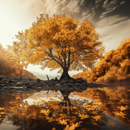 Immerse yourself in the tranquility of this serene autumn forest scene titled 'Leaves of Time.' The ancient trees in the composition display gnarled branches and sport vibrant golden leaves, evoking a sense of wisdom and longevity. The timeless beauty of nature is captured in this visually appealing artwork suitable for microstock sites. Get ready to captivate viewers with this mesmerizing image that elicits a range of reactions.の素材