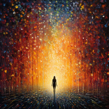 Step into the mesmerizing world of 'Radiant Whispers' - an abstract artwork created in the style of pointillism. This visually stunning composition showcases vibrant bokeh and mesmerizing light patterns that evoke a sense of wonder and captivate the viewer's imagination. Through skillful play of colors and textures, this artwork unfolds a story of radiant whispers floating in the air, filling the space with ethereal beauty.の素材