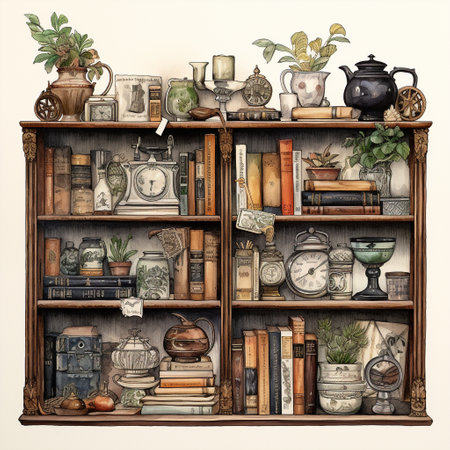 Immerse yourself in the bittersweet sentiment of nostalgia with this stunning ink and watercolor image. The artwork showcases a carefully curated shelf adorned with a delightful assortment of vintage items, including porcelain dolls, pocket watches, weathered leather-bound books, and aged photographs. Each object exudes a unique sense of sentimental value, evoking profound emotions of longing, reminiscence, and reflection. The cluttered yet harmonious arrangement captures the essence of a cherished antique collection, where every item tells a story of the past.の素材