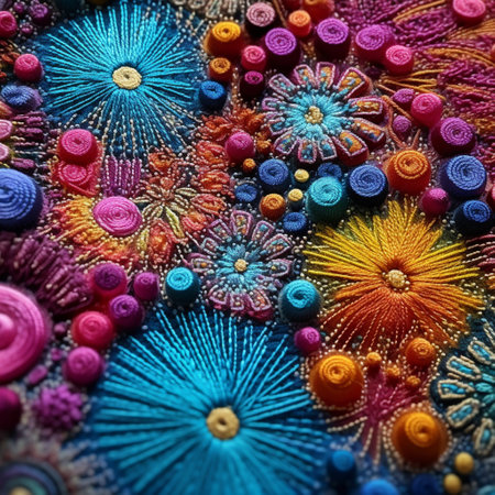 Immerse yourself in the enchanting world of needlework magic with this stunning macro shot of fabric texture. The art style resembles pointillism, with threads intertwining to create intricate patterns that showcase the labor of love put into every stitch. Explore the delicacy of embroidery through this photo, capturing vibrant colors, subtle textures, and mesmerizing details. This image will captivate viewers and inspire admiration for the artistry and skill behind needlework creations.の素材