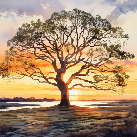 Immerse yourself in the serenity of 'Nature's Embrace' - an artful depiction of a tranquil sunset. This image captures the beauty of a tree casting a captivating shadow on the ground below, creating a harmonious scene that fills the viewer with a deep appreciation for the wonders of nature. The watercolor painting style adds an artistic touch, enhancing the dreamlike quality of the artwork.の素材
