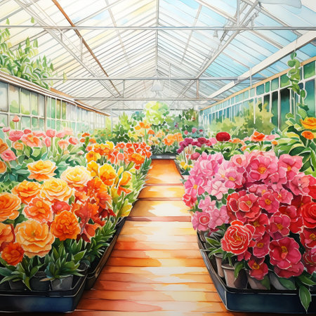 Immerse yourself in a whimsical scene that captures the vibrant diversity of colors found in greenhouses and nurseries. This watercolor painting depicts an extravagant display of flowers, plants, and trees blooming in a harmonious blend of hues. From bold oranges and reds to delicate pastels and vibrant greens, the colors create a visually stunning and captivating composition. The focal point of the image is a majestic flowering tree, symbolizing the cycle of life and growth, surrounded by a variety of potted plants in full bloom. Let your imagination and creativity flourish as you envision a world where life blooms in every imaginable color.の素材