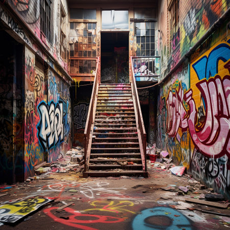 Immerse yourself in the captivating world of The Visual Poetry. This thought-provoking street art masterpiece combines the raw beauty of urban decay with eloquent verses of poetry, creating a powerful and profound visual experience. The dilapidated building serves as the canvas, adorned with vibrant graffiti that intertwines with the lines of poetry, inviting viewers to explore the depths of emotions within. Let the contrasting elements of decay and artistic expression mesmerize and provoke a range of feelings, inviting contemplation and reflection.の素材