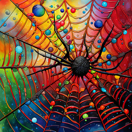 Prepare to be mesmerized by this eye-catching image in an art style reminiscent of vibrant watercolors. Explore the captivating world of spiders as you witness a macro view of their intricate web. Sparkling with dewdrops, the web is adorned with a diverse array of colorful insects and arachnids. This composition is designed to accentuate the intense details of the spiders' bodies, showcasing their unique patterns, vibrant colors, and delicate yet menacing demeanor. Immerse yourself in the wonder, mystery, and hidden beauty of these often misunderstood creatures.の素材