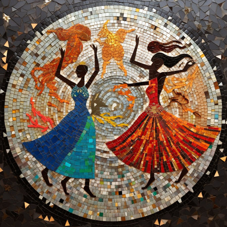 Experience the vibrant and colorful world of festive rituals from different cultures with this stunning ceremonial mosaic. The image captures the essence of traditional ceremonies, showcasing the beauty and uniqueness of various cultures. It features dancers and musicians adorned in traditional costumes, as well as symbolic objects that hold significance in different cultural contexts. This visually captivating artwork celebrates the rich tapestry of global traditions and is perfect for microstock sites.の素材