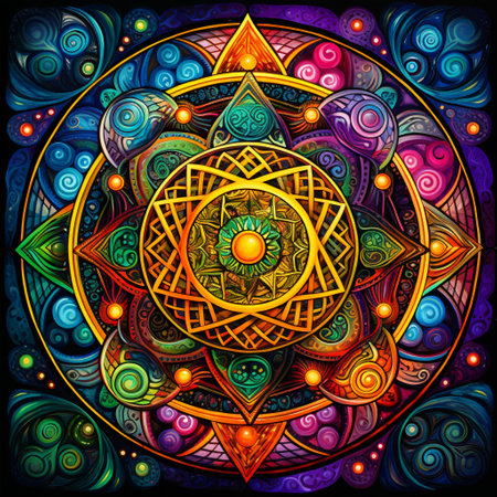 Embark on a mesmerizing geometric journey with this captivating image in the Mystical Mandala art style. Inspired by crop circles, this artwork features vibrant colors and intricate patterns that convey a sense of mystery, spirituality, and ancient wisdom. The main focus of the image is an elaborate mandala formed by intricate crop circles, surrounded by celestial motifs, arcane symbols, and natural landscapes. This artwork exudes a sense of wonder and amazement, capturing the viewer's imagination and sparking curiosity.の素材