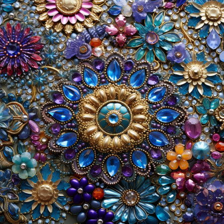 Prepare to be mesmerized by this breathtaking tapestry made entirely of shimmering, multi-colored gemstones. Each gemstone, from the dazzling diamonds to the fiery rubies, the lush emeralds, and the deep blue sapphires, has been carefully interwoven to create a visually captivating work of art. This intricately designed mosaic captures the essence of opulence, elegance, and radiance, leaving viewers in awe of its beauty.の素材