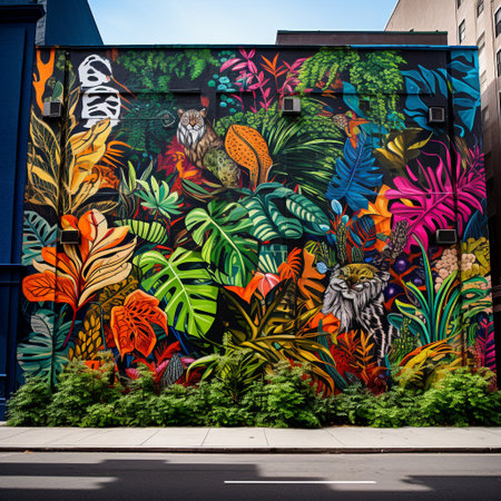 Immerse yourself in the vibrant world of street art with 'The Urban Jungle' mural. This larger-than-life masterpiece showcases an imaginative cityscape completely transformed by a lush, untamed natural habitat. Towering skyscrapers are engulfed in colorful vines, while the streets are covered with exotic plants. Wild animals roam freely, blurring the line between the concrete jungle and the beauty of nature. Let your imagination run wild as you explore the visually stunning fusion of urban and natural elements in this captivating street art mural.の素材