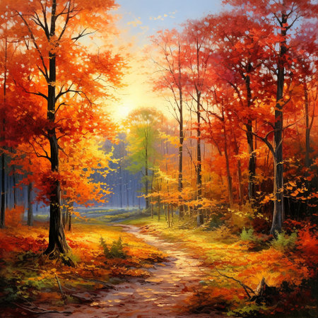 Immerse yourself in the awe-inspiring autumn scene depicted in this image. Set in a peaceful forest glade, towering trees with branches reaching towards the sky are adorned with a cascade of golden leaves. The forest floor is carpeted with a tapestry of vibrant red, orange, and yellow fallen leaves, while gentle sunlight filters through the branches, creating a mesmerizing dance of light on the ground. This serene landscape evokes tranquility, inviting viewers to retreat into nature's embrace and experience the visual symphony of autumn. The vivid colors, crisp details, and composition capture the beauty and essence of this beloved season, making it suitable for microstock sites.の素材